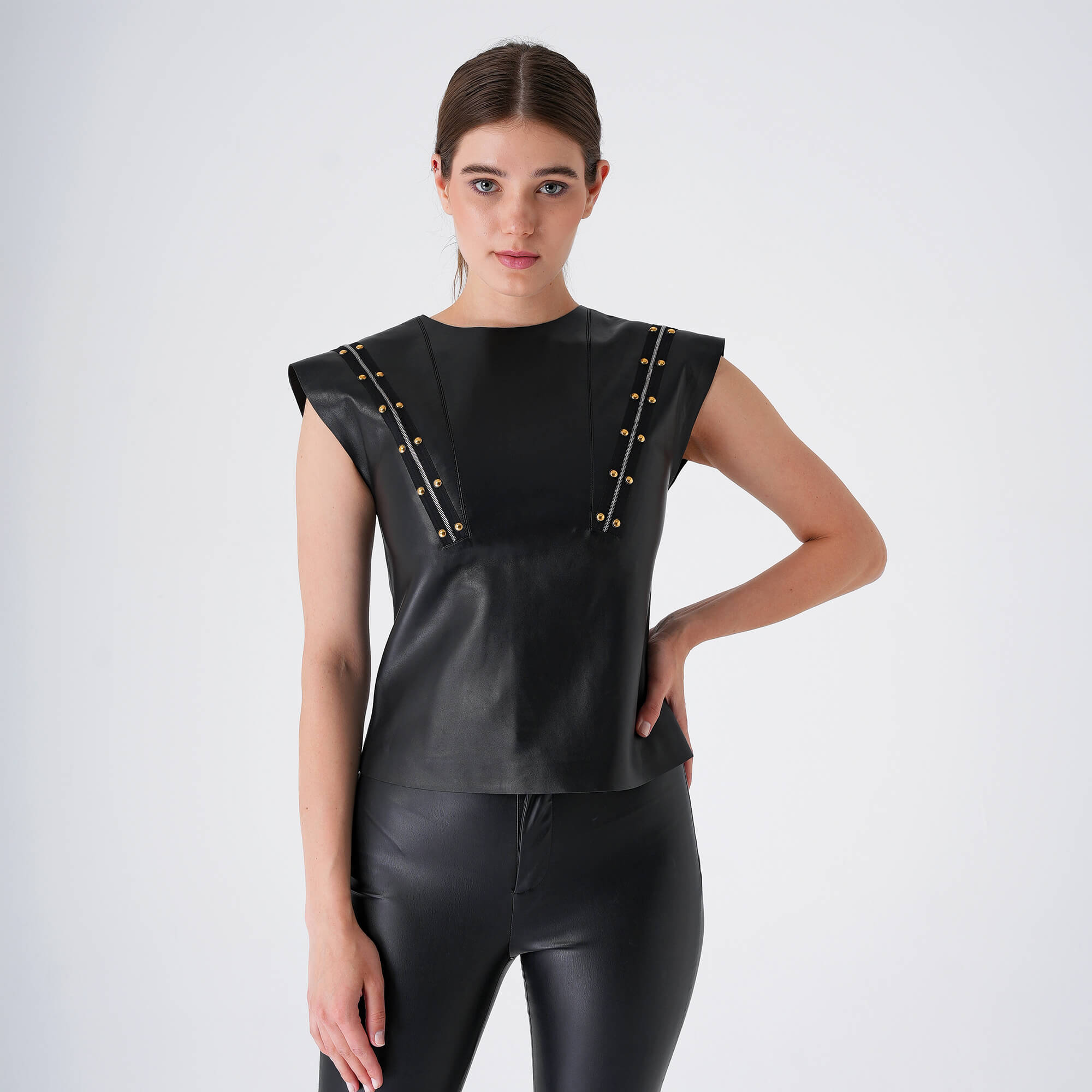 Louis Vuitton - Black Leather Sleeveless Blouses